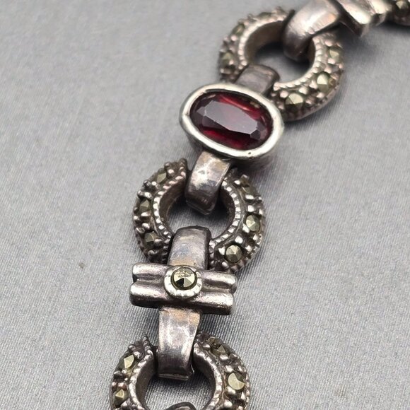 VTG Sterling Silver Garnet & Marcasite Link Bracelet 7.5" RF Hallmark Box Clasp - Picture 5 of 14